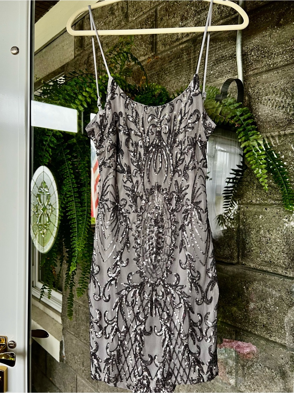 Silver Sequin Gray Mini Slip Dress with Black Beaded Detail
